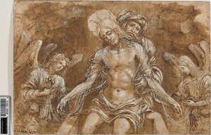 墓でのキリストの嘆き、1500年頃（ペンの上にインクを塗り、白で高まった紙の上にチョークで塗ります） 作： Filippino Lippi